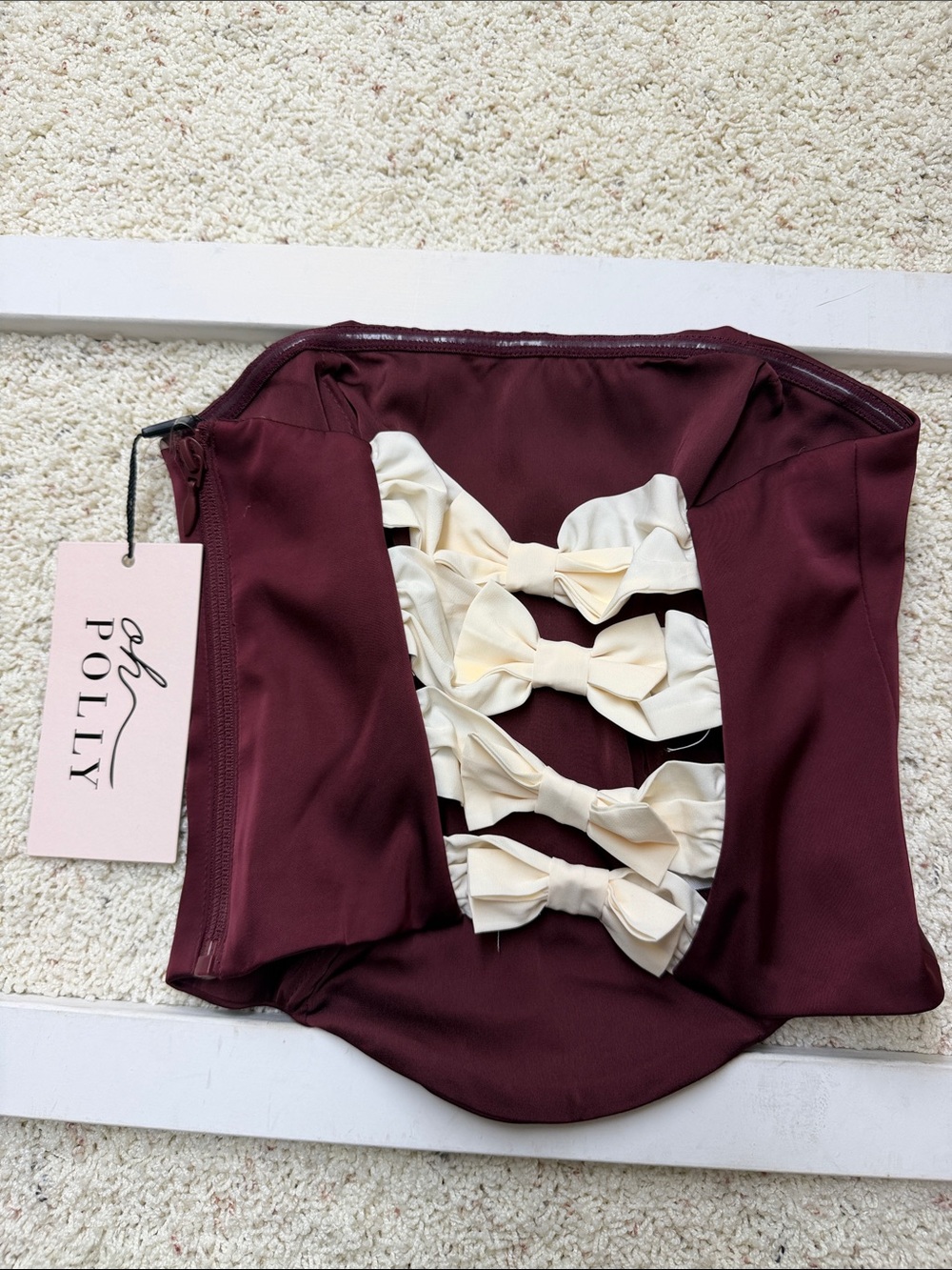 Oh Polly NWT Burgundy Strapless Top with Ivory Bow Back Detail